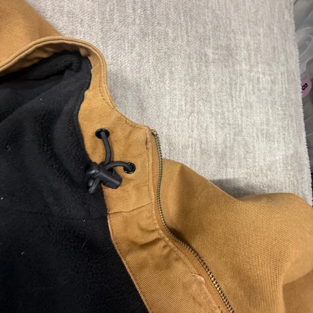 Carhartt Hooded Duck Canvas Jacket Brown Fleece Lined Workwear Full Zip Mens XL
